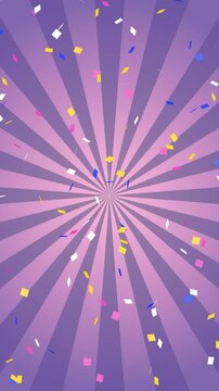 Loop video of Colorful confetti and sunburst rotating right (purple) [vertical video]