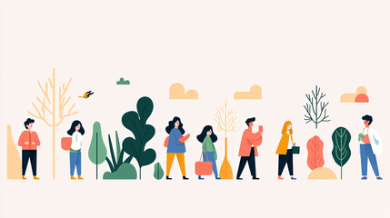 A detailed vector flat illustration of a diverse group of young adults enjoying an outdoor setting. Each figure has distinct features and clothing, showcasing a range of emotions like happiness and