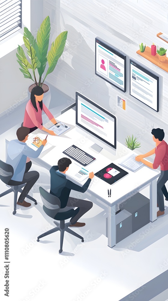 Poster web ui ux design team creating website in modern isometric 3d office space