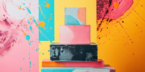 Vibrant blocks with colorful splashes on a bright backdrop for creative designs.