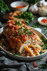 Juicy chicken meat with rice and medicinal ginseng filling