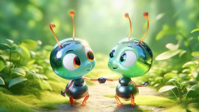 3D ants cartoon on colorful vibrant forest background. Funny animation