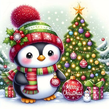 In a winter wonderland, the penguin enjoys the holiday spirit with a decorated tree and wrapped gifts.