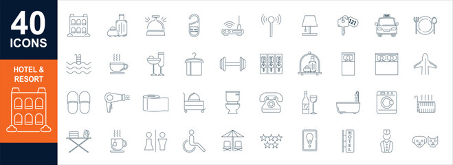 40 icons Resort Hotel Facilities Icon collection containing editable stroke icons. Perfect for logos, stats and infographics. Change the thickness of the line in any vector capable app.