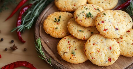 Cheese cookies with chili and herbs. AI generated illustration.