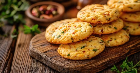 Cheese cookies with chili and herbs. AI generated illustration.