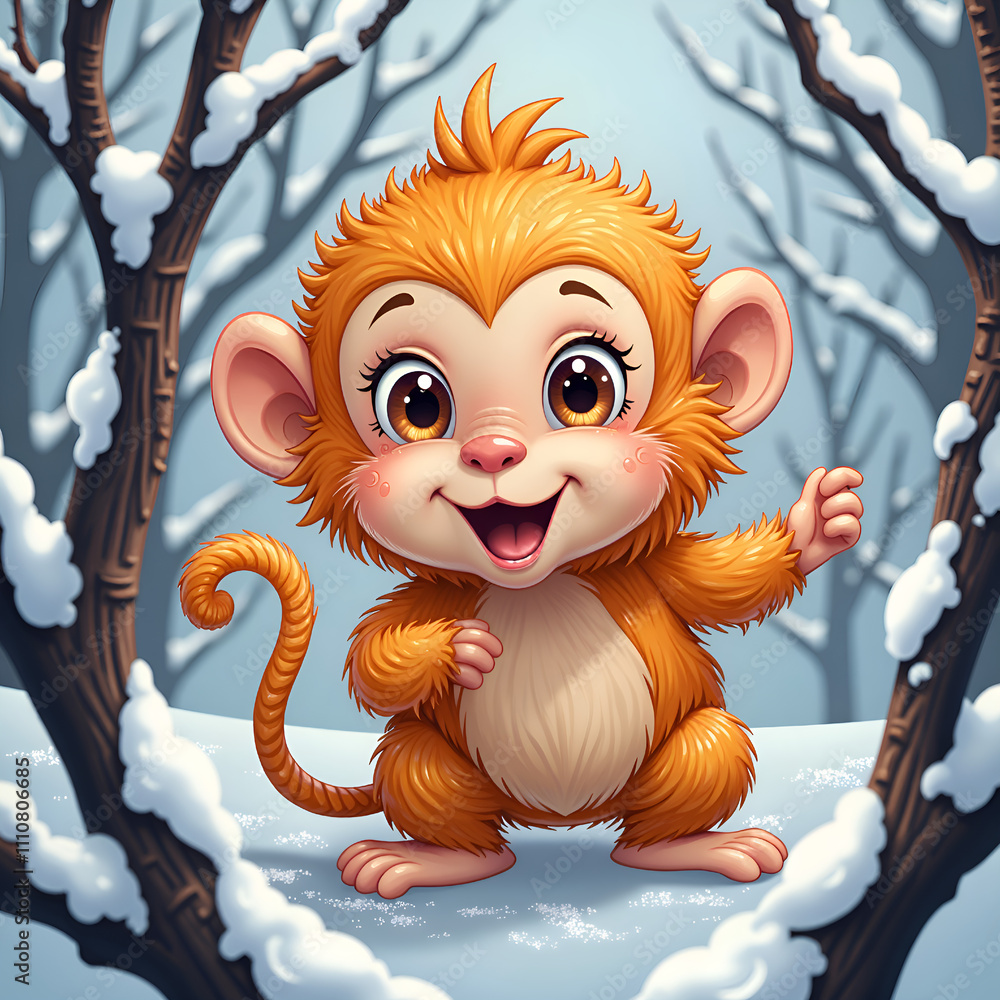 Canvas Prints adorable winter monkey character in snowy landscape surrounded by trees, digital art of character de