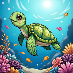 A playful green turtle swimming through a vibrant coral reef with colorful fish under a bright sunlit ocean, digital illustration of whimsical animals concept.