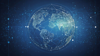 Networked Globe Symbolizing Global Connectivity and Technology background, Digital globe with network connections copy space, Networked Globe blue background, blue background copy space