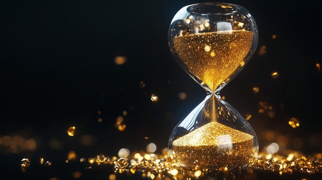 An hourglass with golden sand, glowing and sparkling in the dark background.