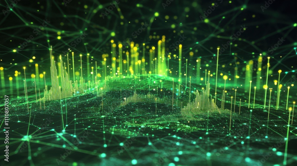 Poster abstract digital landscape with green data visualization elements