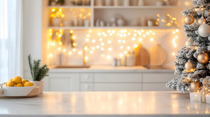 A festive kitchen featuring a Christmas tree, fairy lights, and fresh lemons.