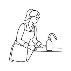 a continuous line drawing of a woman washing dishes in a kitchen sink.