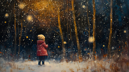 Fototapeta premium A child gazing in wonder at the first snowfall of the season 