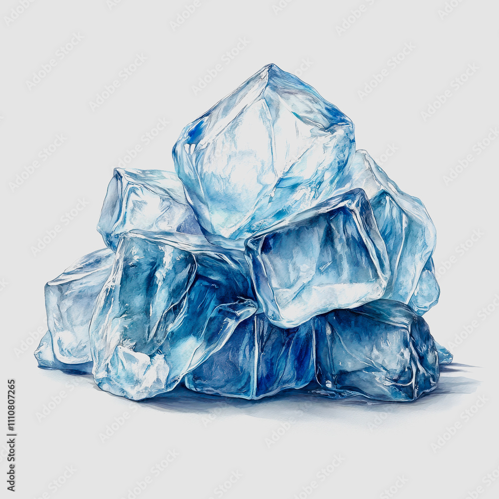 Poster pile of realistic ice cubes with stunning transparency and unique shapes on light gray background id