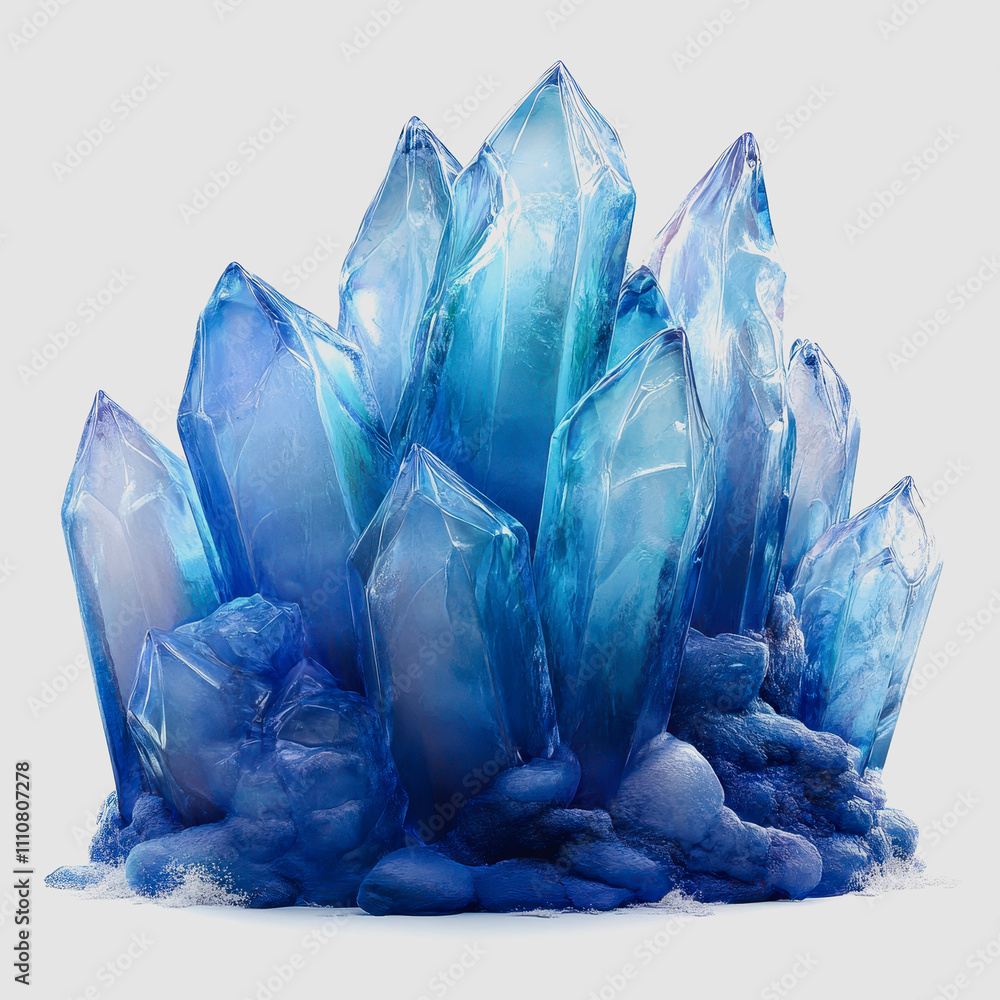 Poster stunning cluster of blue crystals with translucent edges reflecting light on a soft background for a