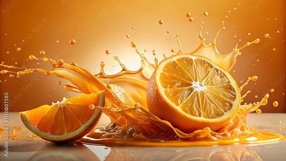 Poster surreal orange juice splash with dynamic droplets capturing the essence of freshness and vibrancy ag