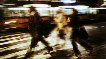 Blurred people in motion are walking down the street. A blurred photo capturing a busy city street scene creating a sense of motion and energy.