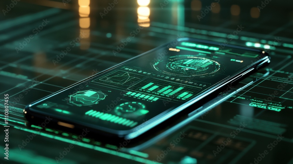 Aufkleber modern smartphone displaying futuristic data analysis graphics