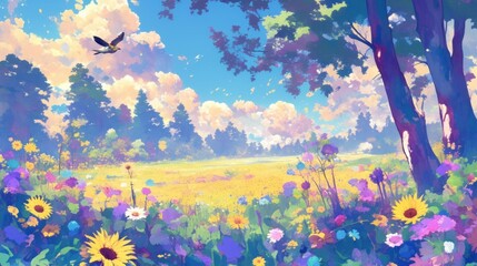 Vibrant summer meadow landscape with wildflowers, sunflowers, and a bird in flight under a bright blue sky.
