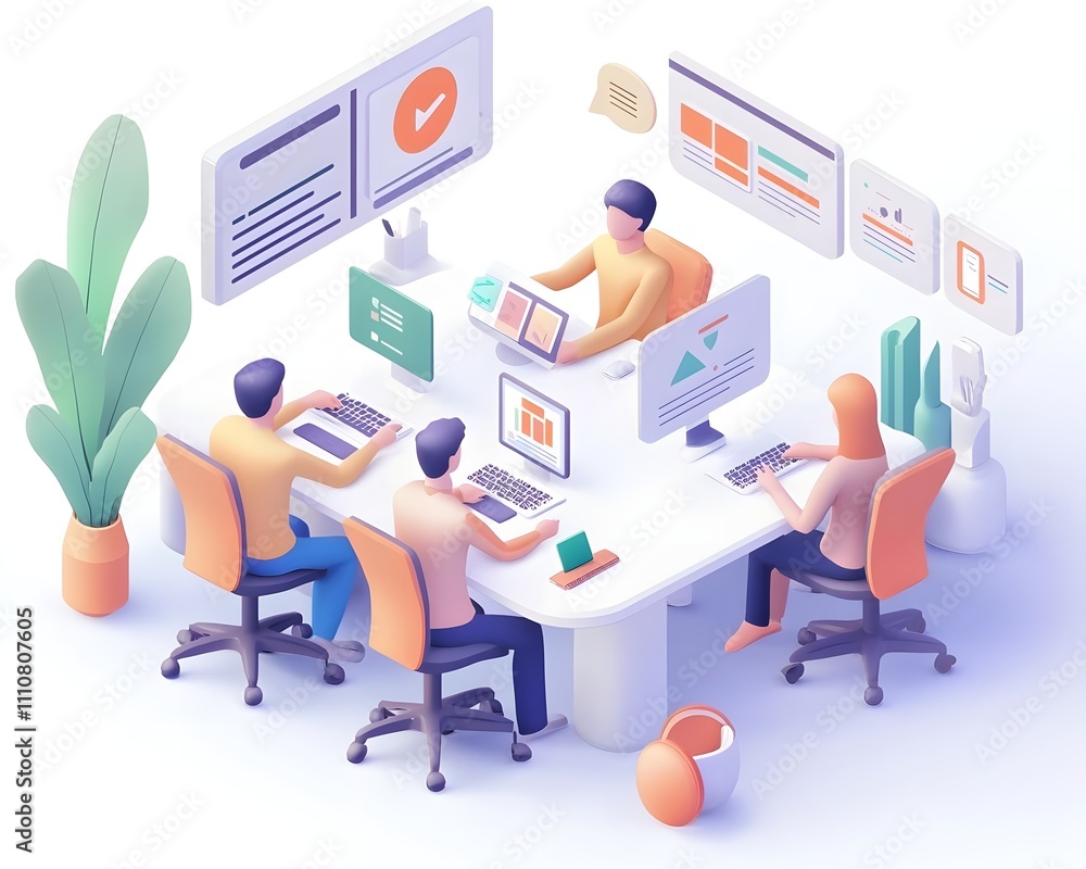 Poster web ui ux team working together in a modern 3d isometric office setting