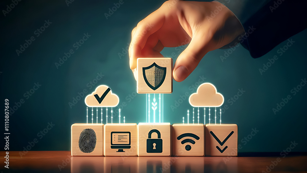 Poster zero trust cybersecurity concept with digital security icons representing data protection, cloud sec