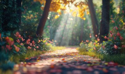 Beautiful summer forest path with sunlight and flowers. Sunny day in the park. Natural background for your design