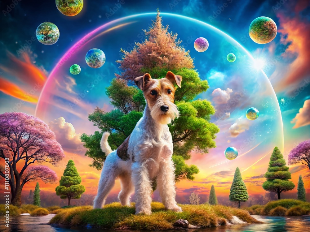 Poster surreal photography of a wire fox terrier in a dreamlike landscape with floating objects and vivid c