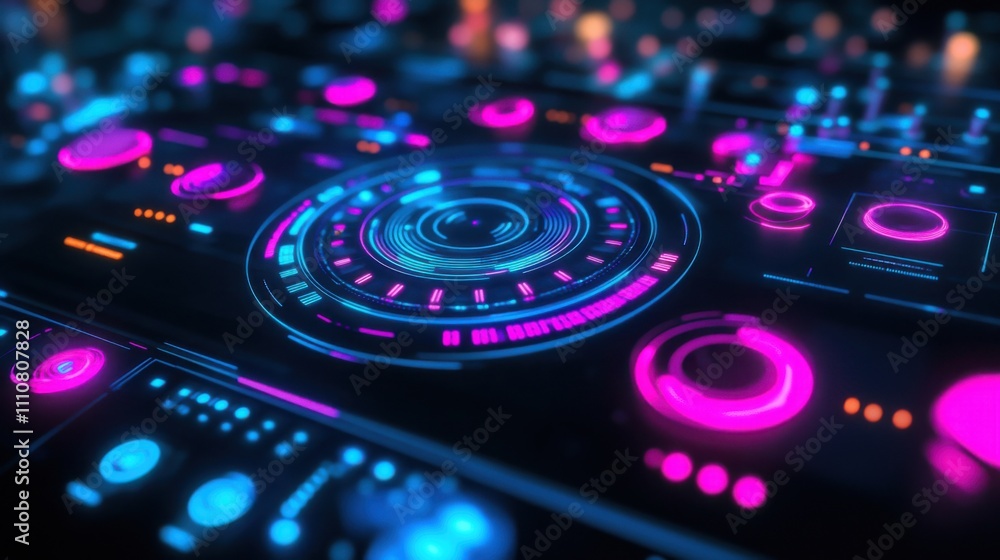 Poster futuristic interface display with neon circles and lights effects