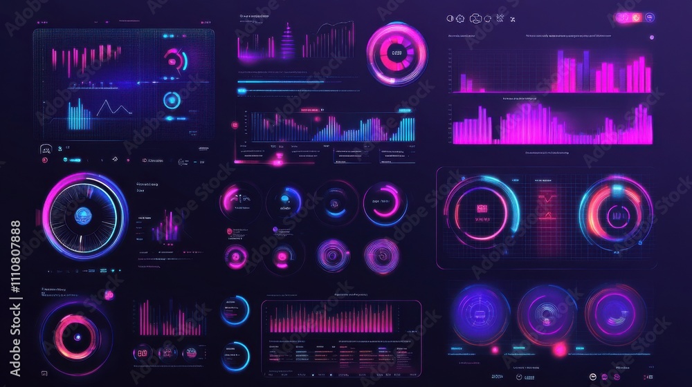 Poster futuristic data dashboard with colorful charts and infographics