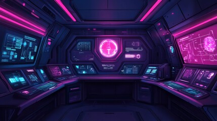 Fototapeta premium Futuristic Control Room with Neon Lights and Screens