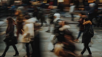 Obraz premium Blurred people in motion are walking down the street. A blurred photo capturing a busy city street scene creating a sense of motion and energy.