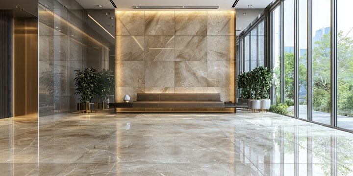 Fototapeta Luxury modern interior with polished marble floors and stainless steel accents