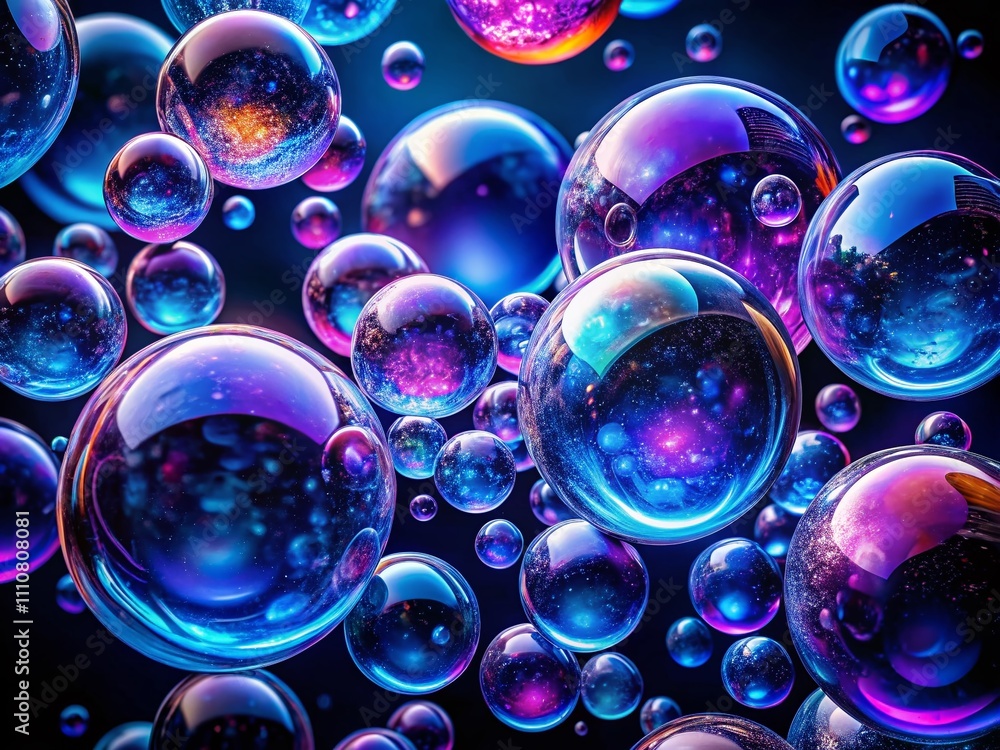 Poster surreal repeating raster pattern featuring blue and purple bubbles on a deep black background for ab