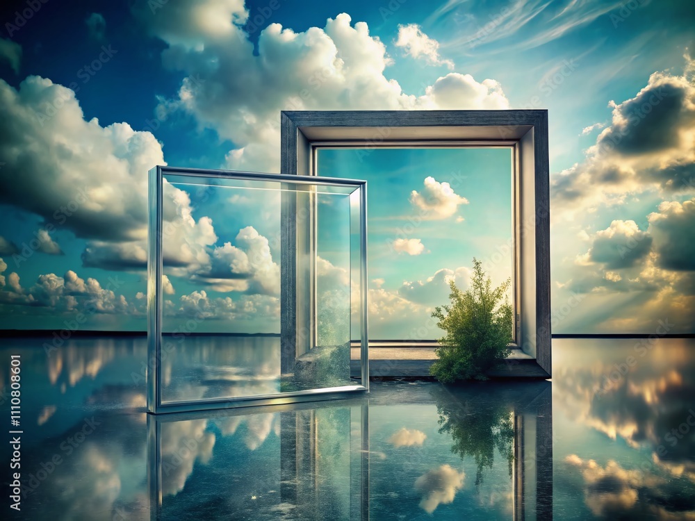 Poster surreal scene featuring realistic glass plates and windows framed in a dreamlike environment with ab