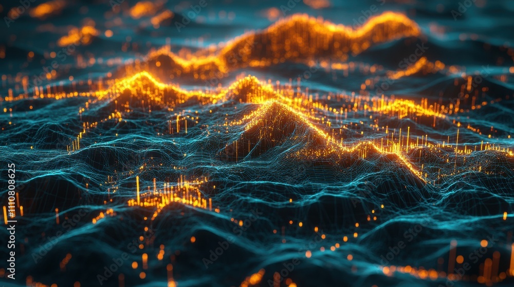 Poster abstract visualization of data waves with glowing lights and peaks