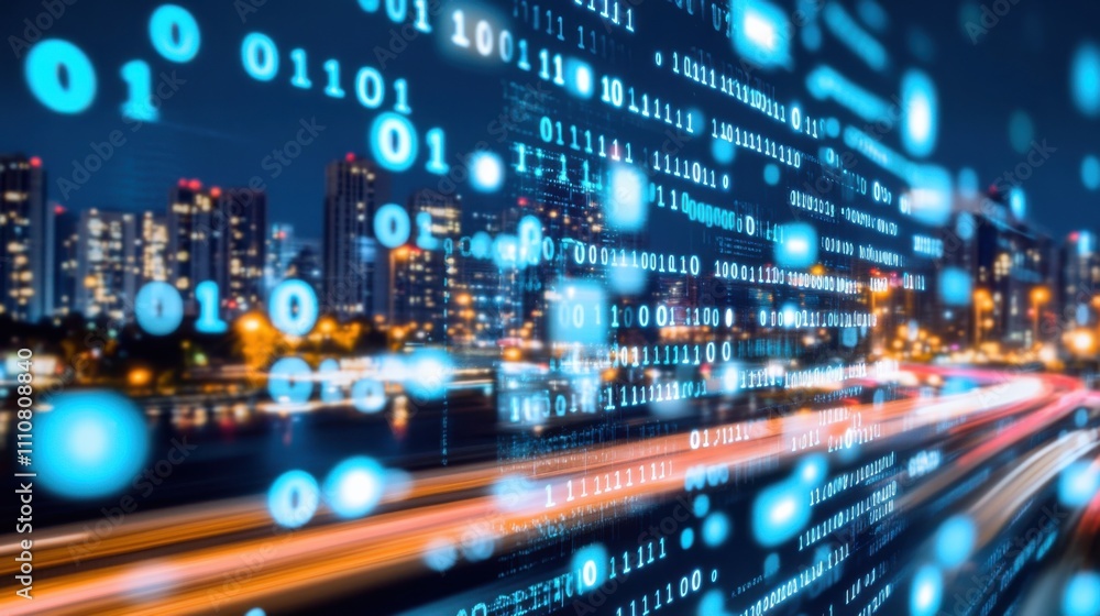 Fototapete digital data flow over city skyline at night with binary code