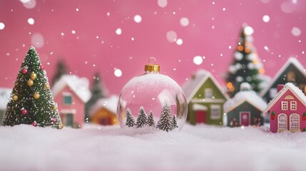 A Christmas scene gifts, trees, houses, against a pink background