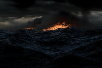 Fototapeta premium Fiery ocean waves under a stormy sky.