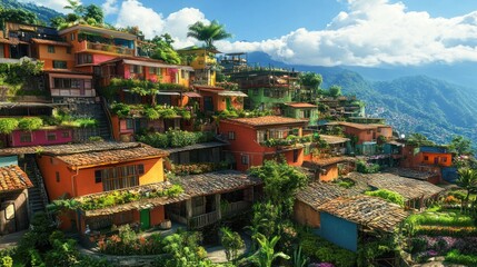 Obraz premium Colorful hillside village houses, mountains, nature, vibrant.