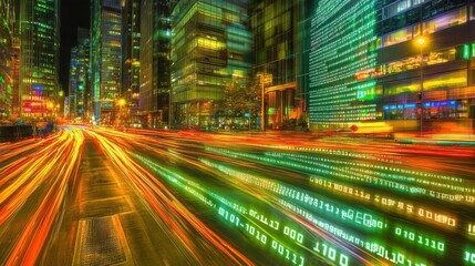 Naklejka premium Dynamic Cityscape with Data Streams and Light Trails at Night
