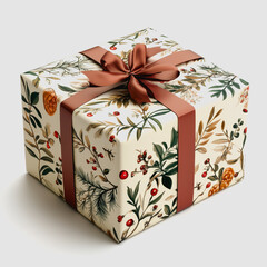 Elegant gift box wrapped in floral pattern with ribbon and bow, featuring seasonal leaves, berries, and natural elements for holiday celebrations