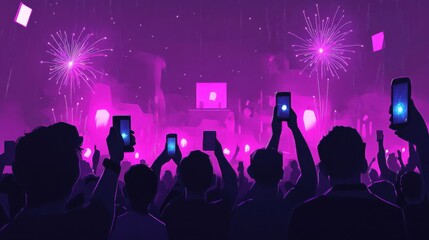 Fototapeta premium Exciting Night Concert with Fireworks and Audience Holding Phones