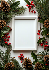 Minimalist Rectangular Christmas Frame with Pinecones and Holly Arrangement