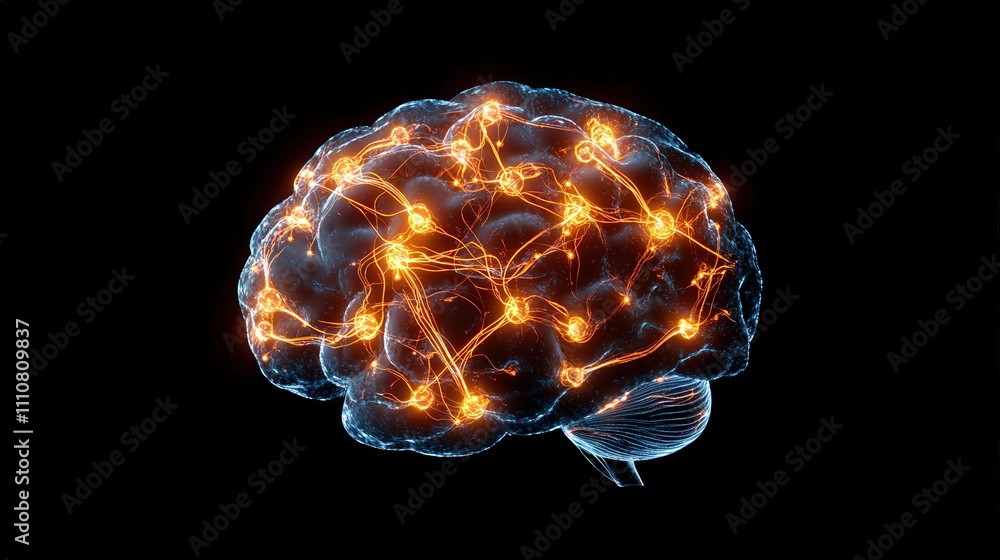 Poster an illustration of the brain with connections lighting up, representing memory retrieval and cogniti