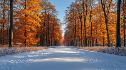 A serene winter pathway lined with vibrant orange trees and fresh snow.