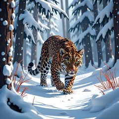 A striking leopard navigating through a snow laden forest in winter s embrace, digital illustration of wildlife concept.