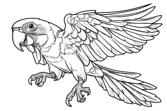cartoon style black and white coloring book page, Macaw parrot