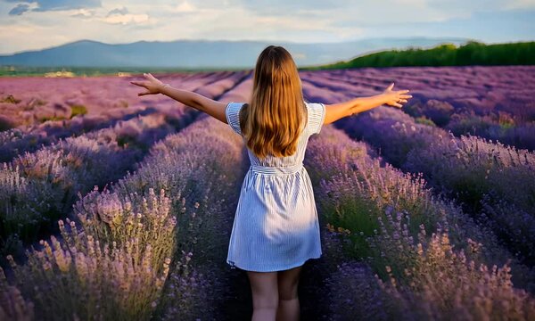 A girl stands in a field of blooming lavender. A girl stands in a lavender field, view from behind.