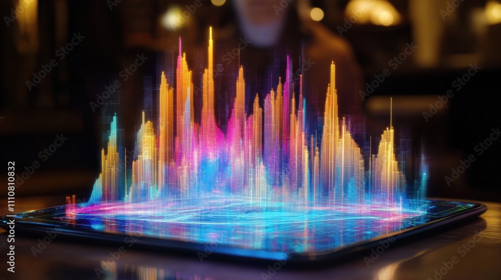 Poster colorful 3d visualization of data on tablet in dark environment